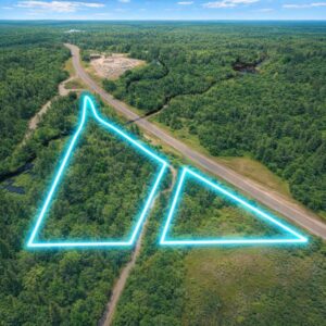 An aerial, bird's-eye view of the Bearskin State Trail corridor cut through a dense green forest, running parallel to the wide lanes of Highway 51 in Oneida County, Wisconsin.