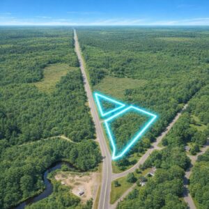 High-angle aerial photograph showing the reported road frontage of a forested property running alongside Highway 51, situated near the clearing for the Bearskin State Trail.